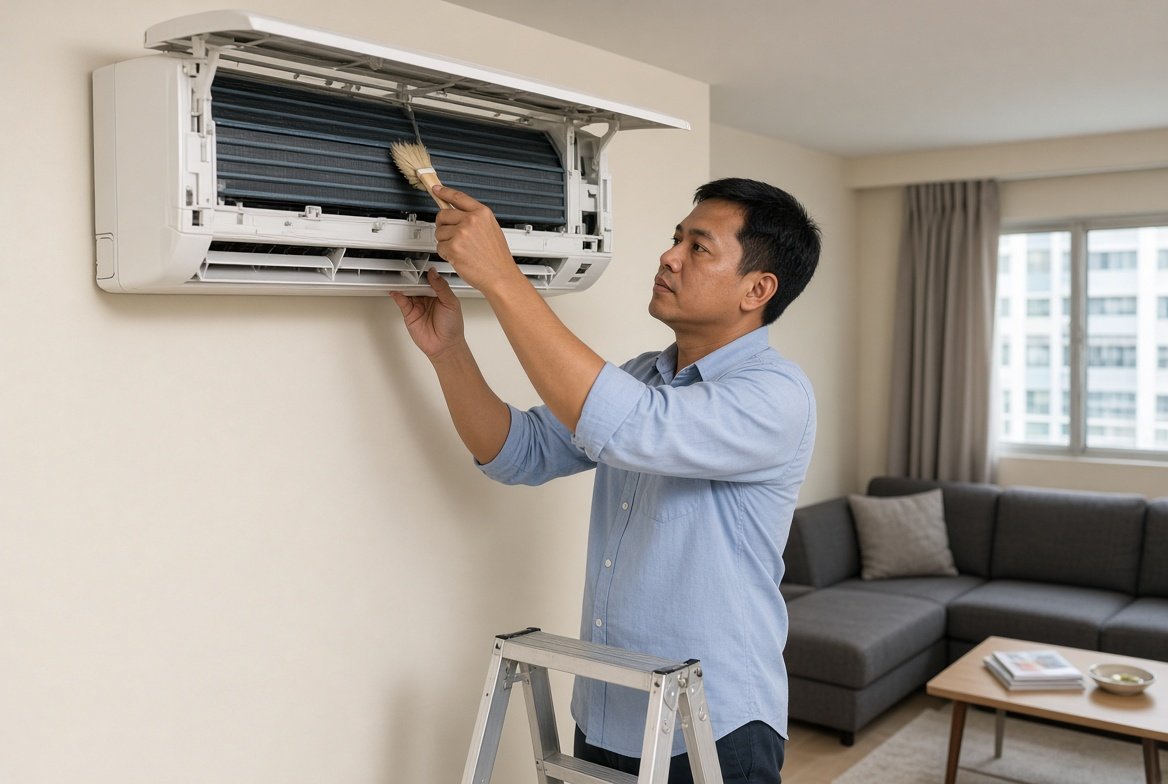 Technician servicing an air-conditioner