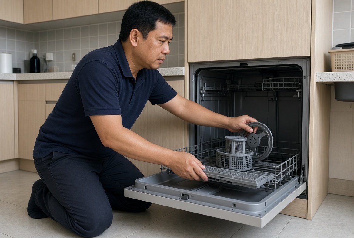 Technician repairing a dishwasher
