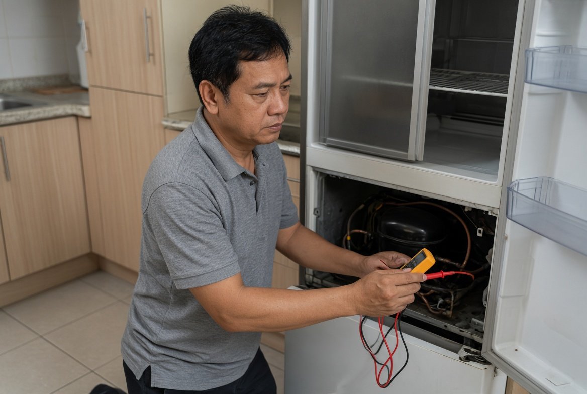 Technician repairing a refrigerator
