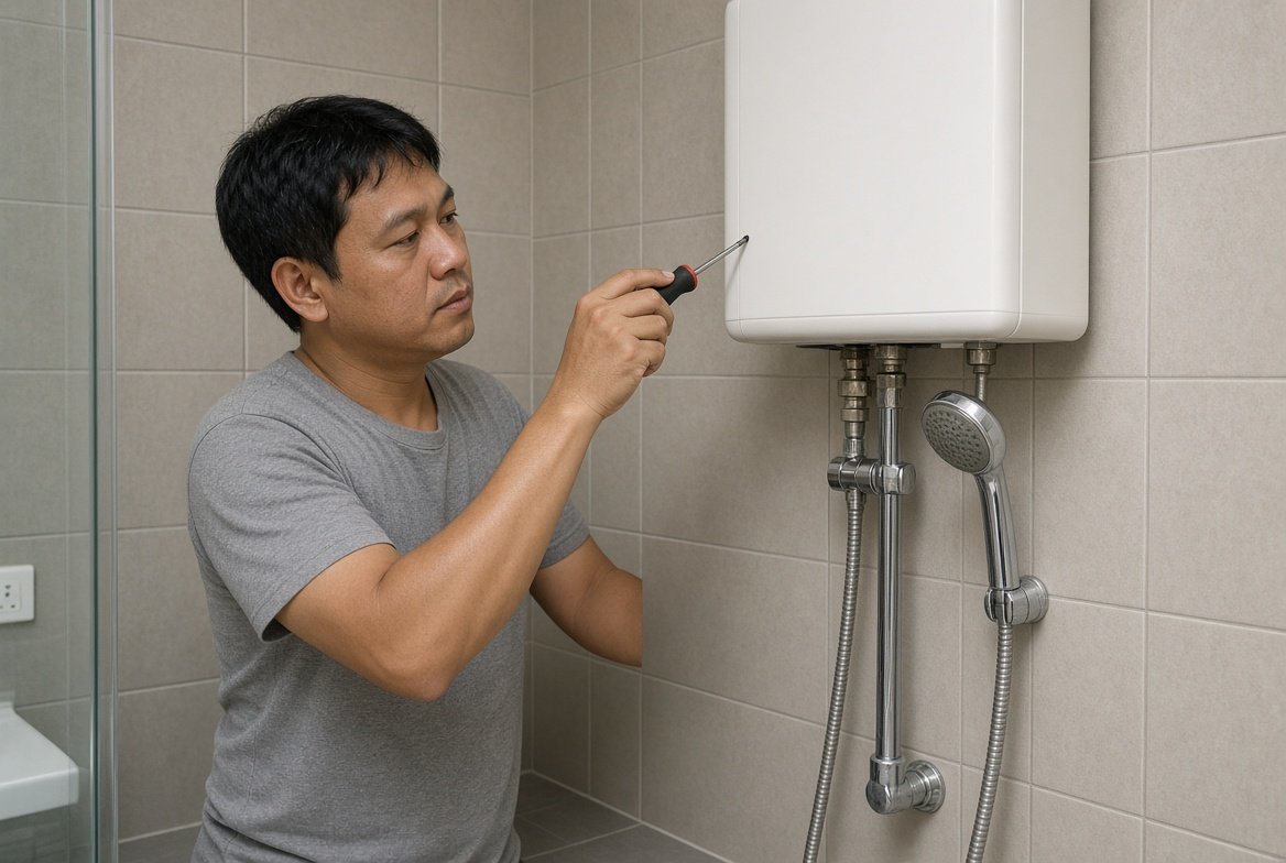 Technician repairing a water heater