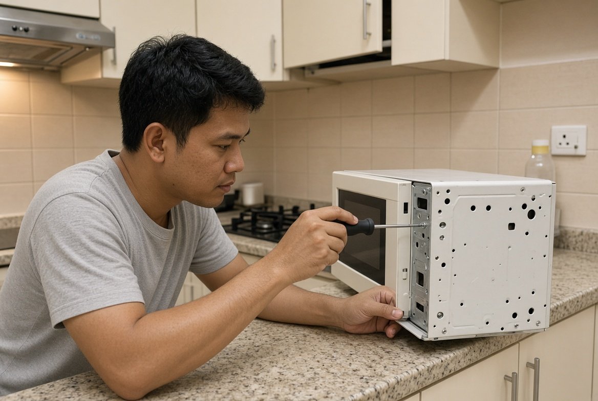 Technician repairing a microwave