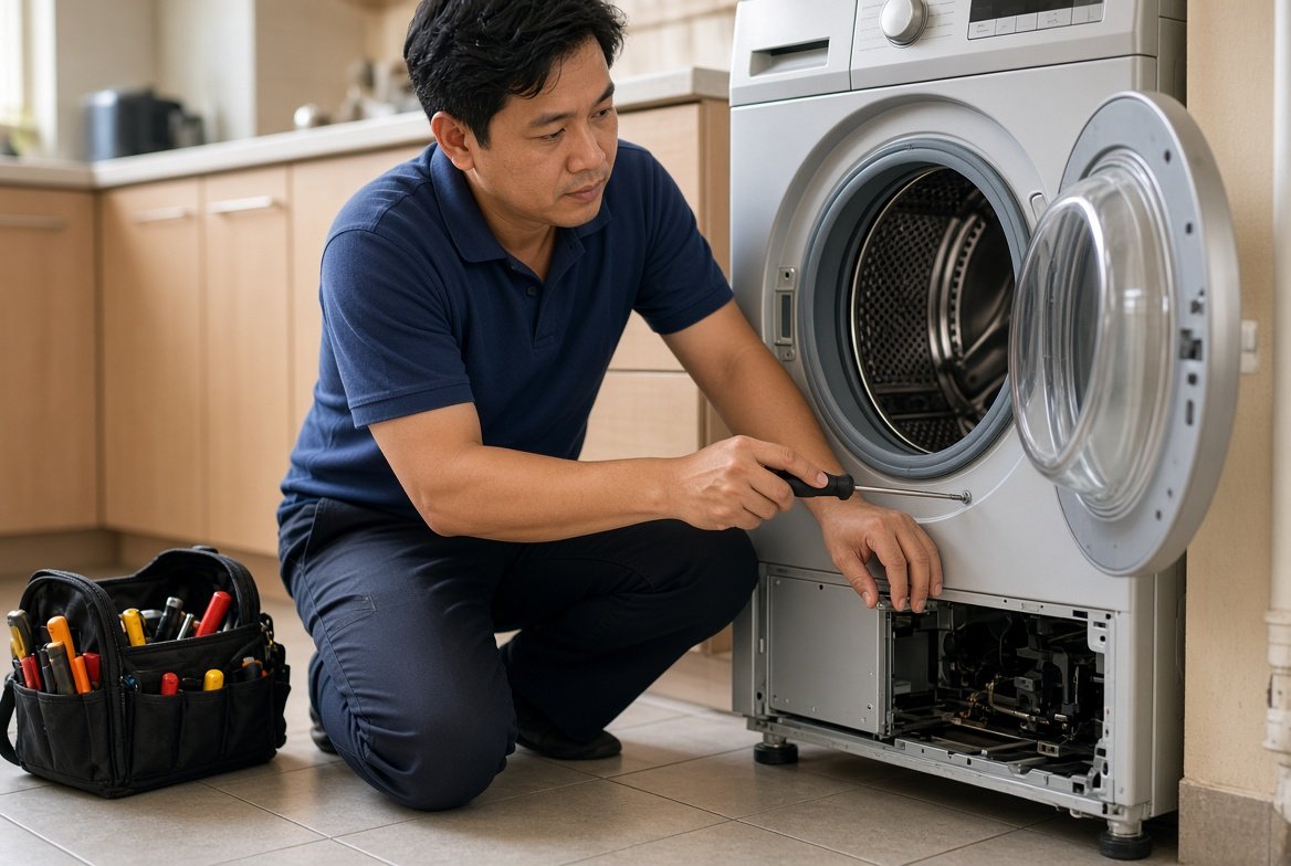 Technician repairing a washing machine